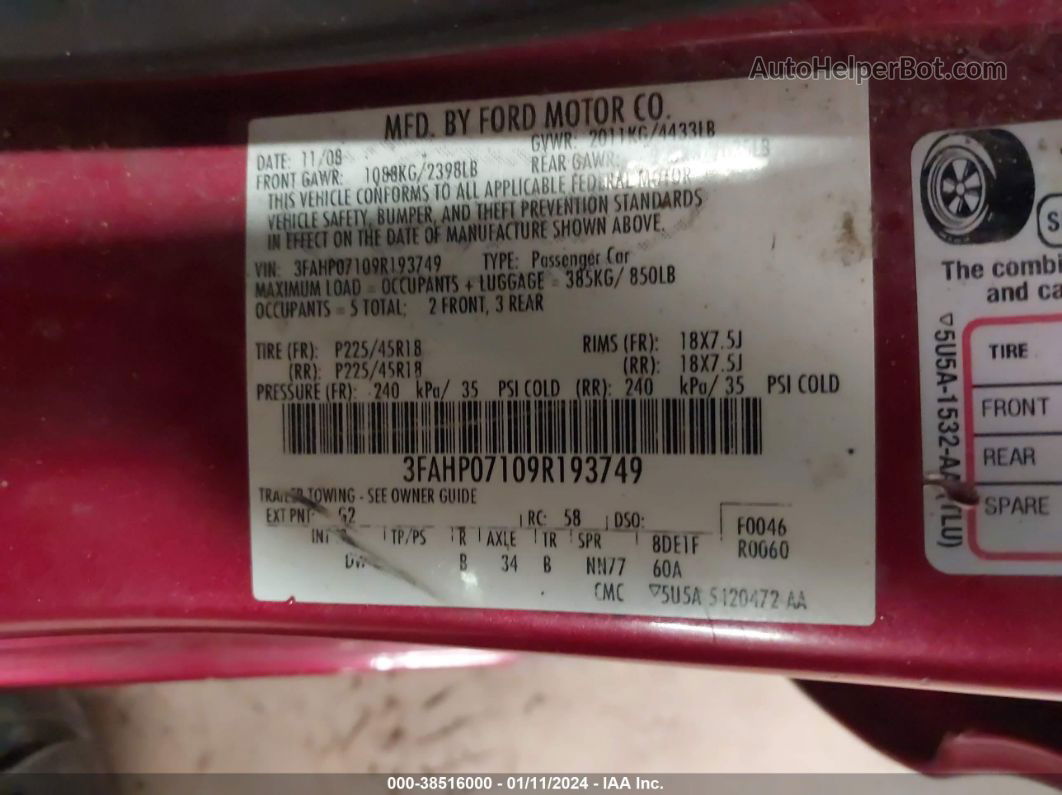 2009 Ford Fusion Se Red vin: 3FAHP07109R193749