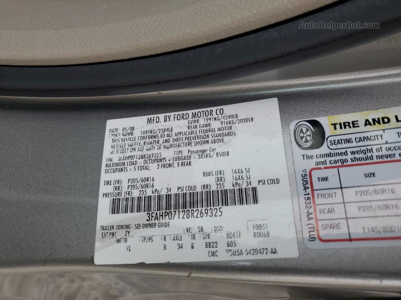 2008 Ford Fusion Se Gray vin: 3FAHP07128R269325