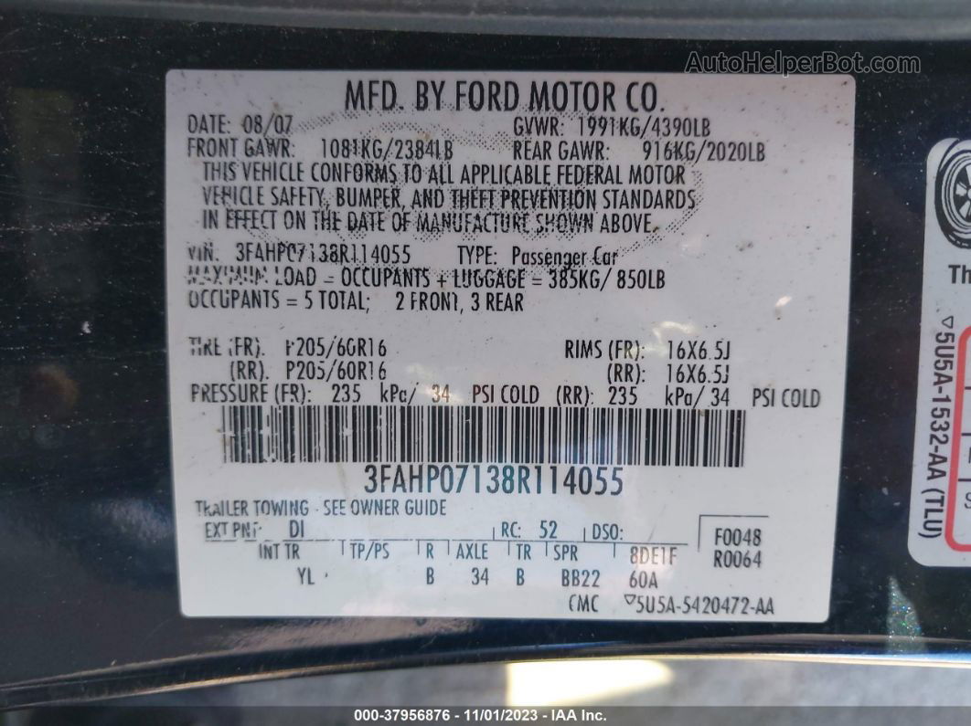 2008 Ford Fusion Se Blue vin: 3FAHP07138R114055