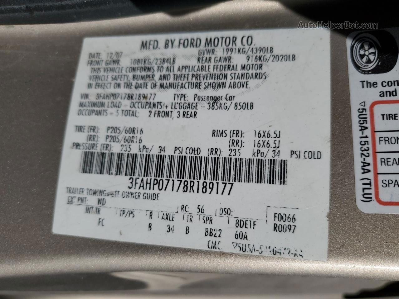 2008 Ford Fusion Se Tan vin: 3FAHP07178R189177