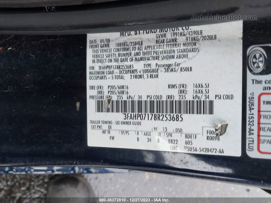 2008 Ford Fusion Se Navy vin: 3FAHP07178R253685