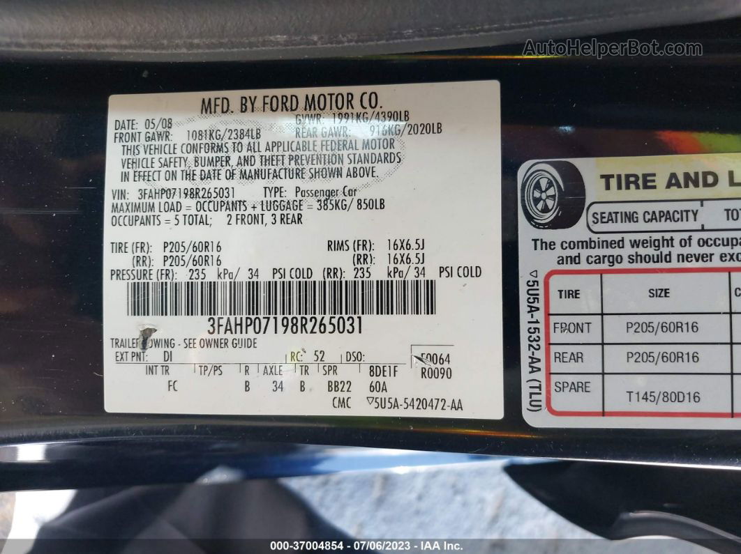 2008 Ford Fusion Se Navy vin: 3FAHP07198R265031