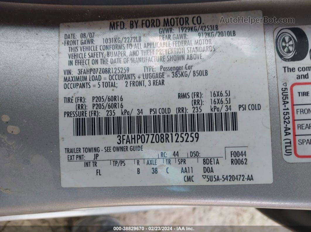 2008 Ford Fusion Se Gray vin: 3FAHP07Z08R125259