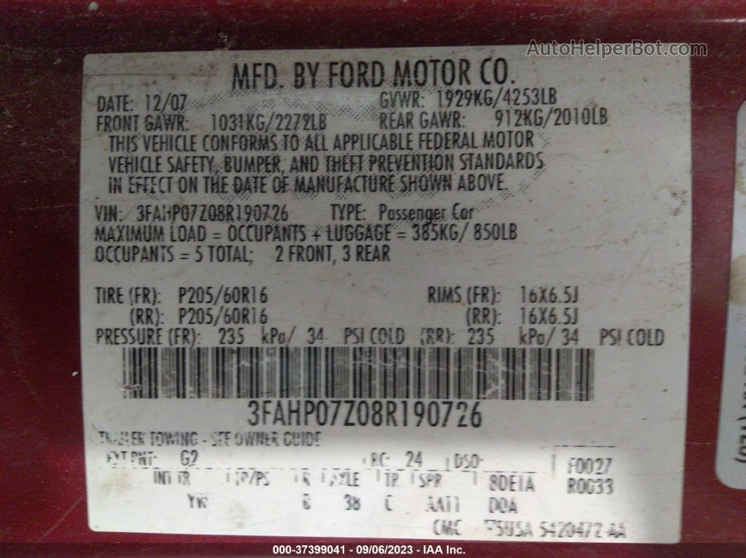 2008 Ford Fusion Se Red vin: 3FAHP07Z08R190726