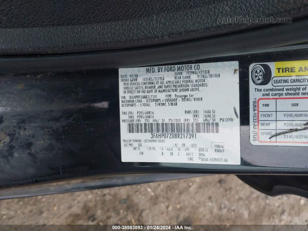 2008 Ford Fusion Se Черный vin: 3FAHP07Z08R217391