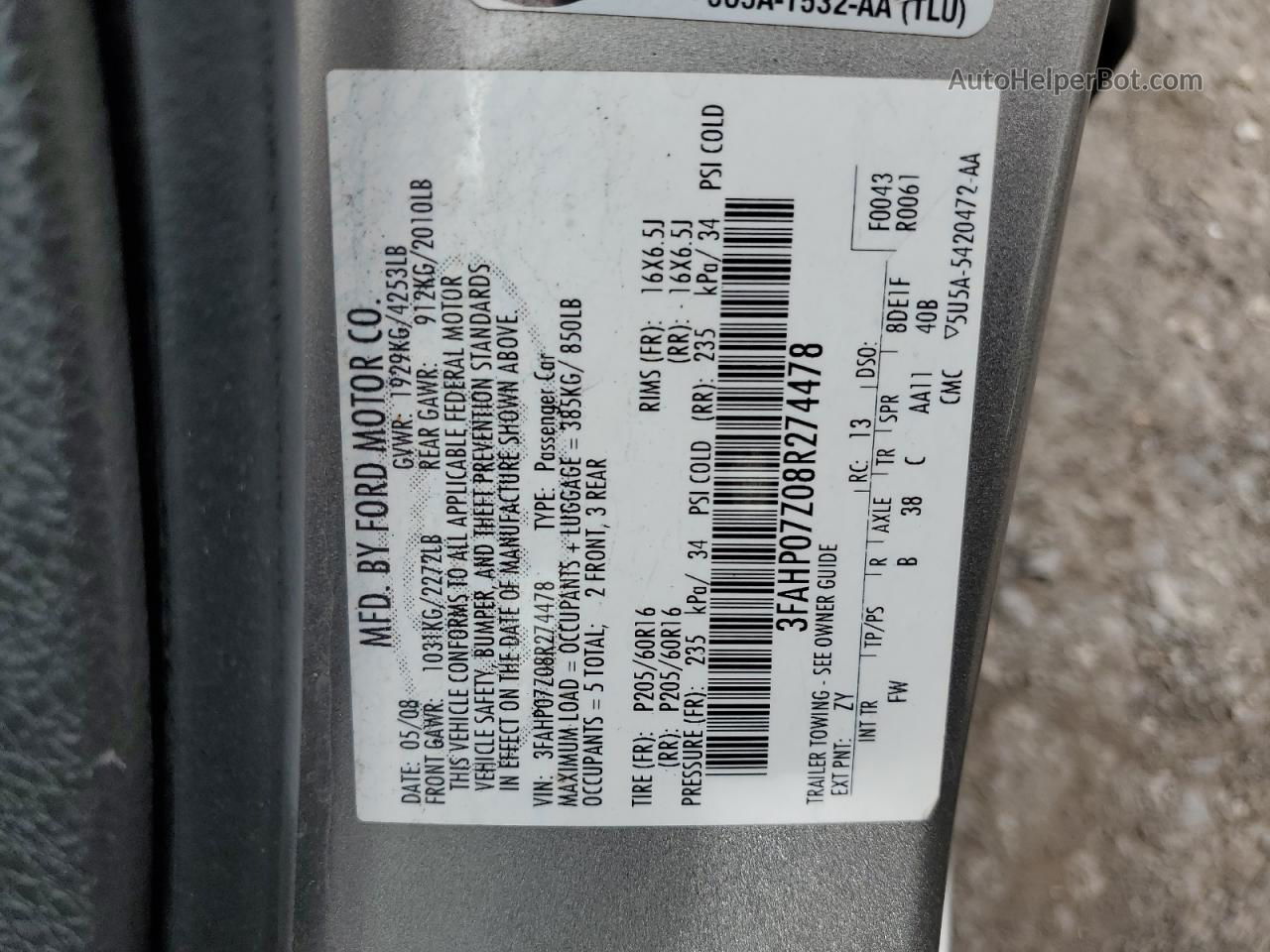 2008 Ford Fusion Se Gray vin: 3FAHP07Z08R274478