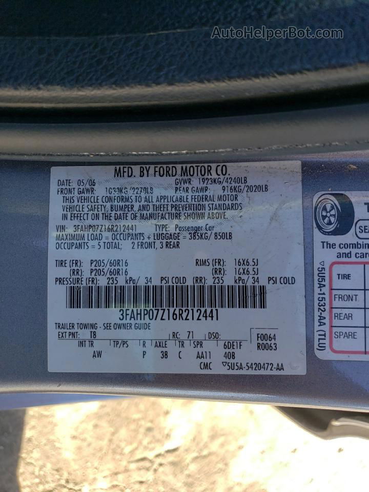 2006 Ford Fusion Se Silver vin: 3FAHP07Z16R212441