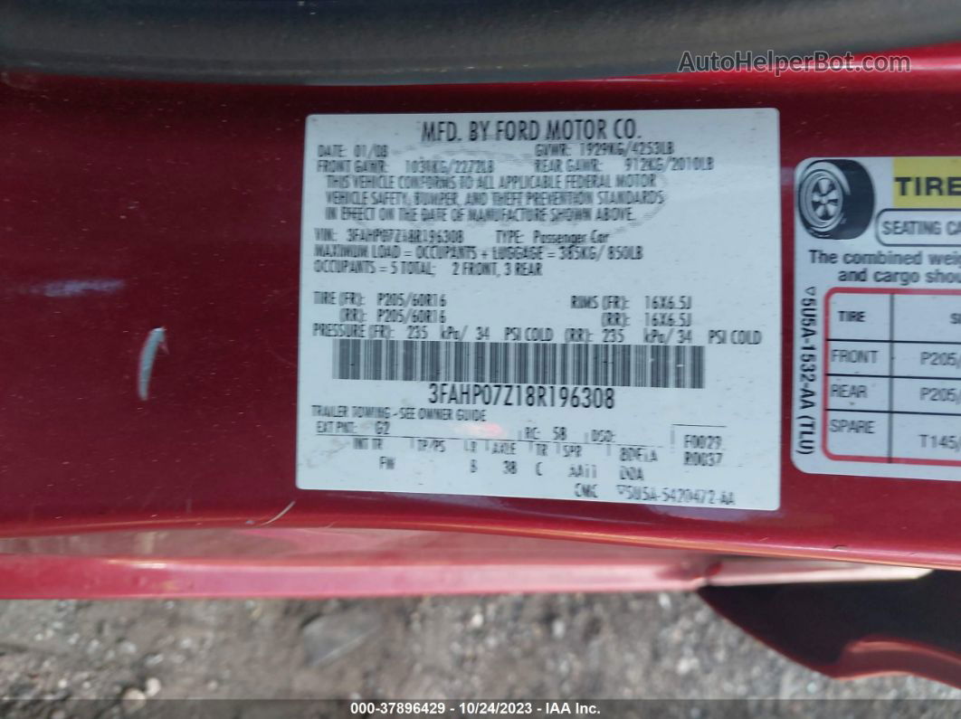 2008 Ford Fusion Se Red vin: 3FAHP07Z18R196308