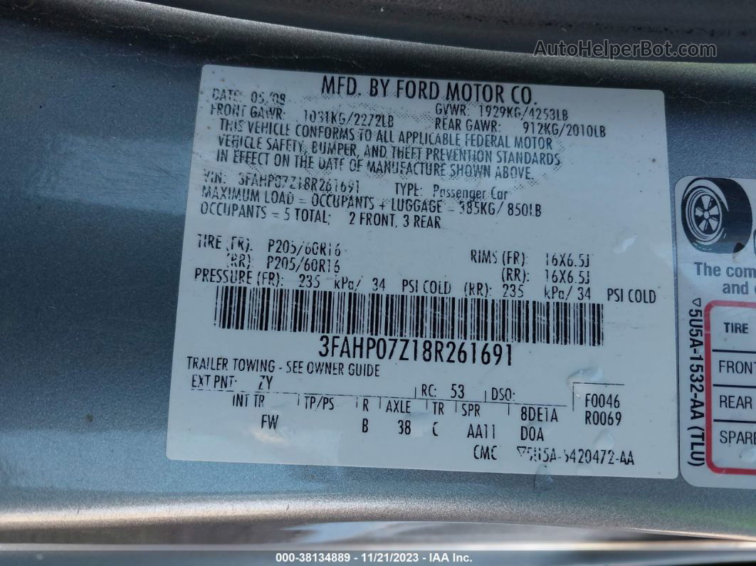 2008 Ford Fusion Se Silver vin: 3FAHP07Z18R261691