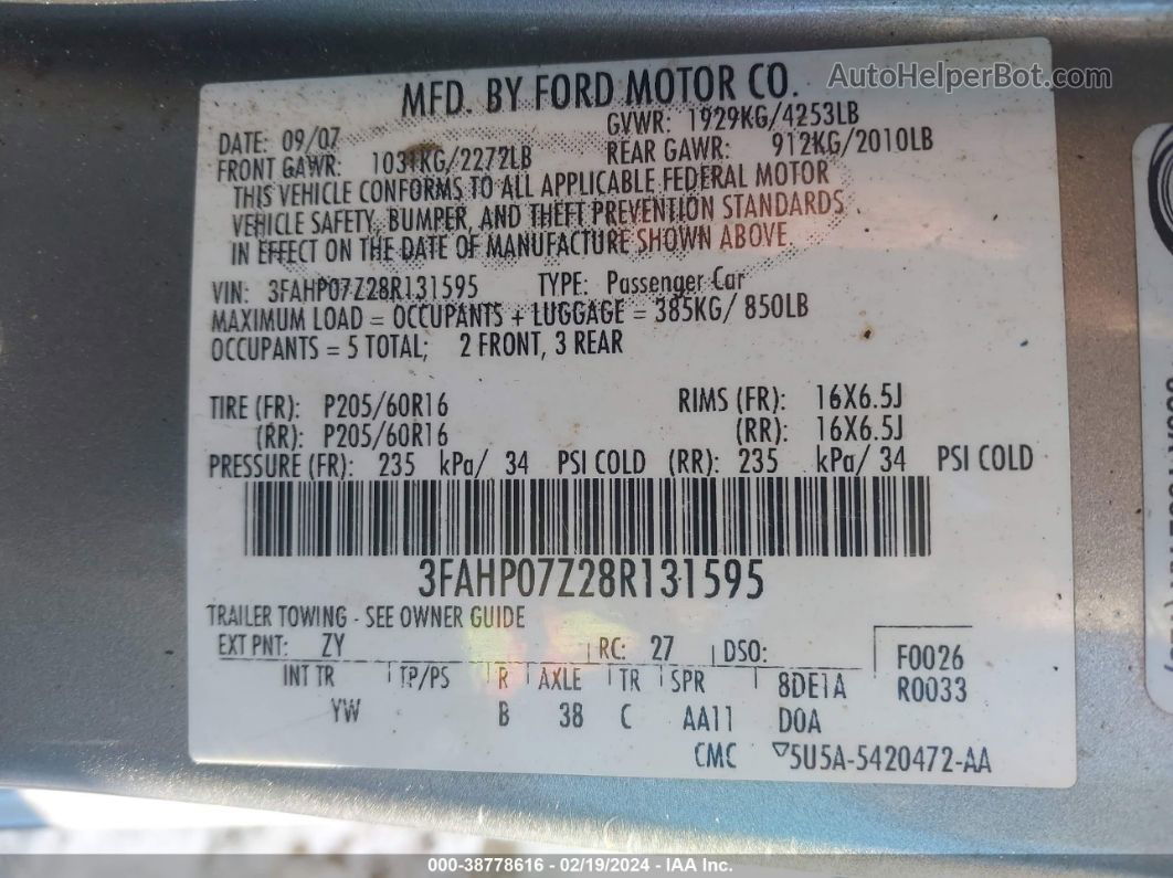 2008 Ford Fusion Se Gray vin: 3FAHP07Z28R131595