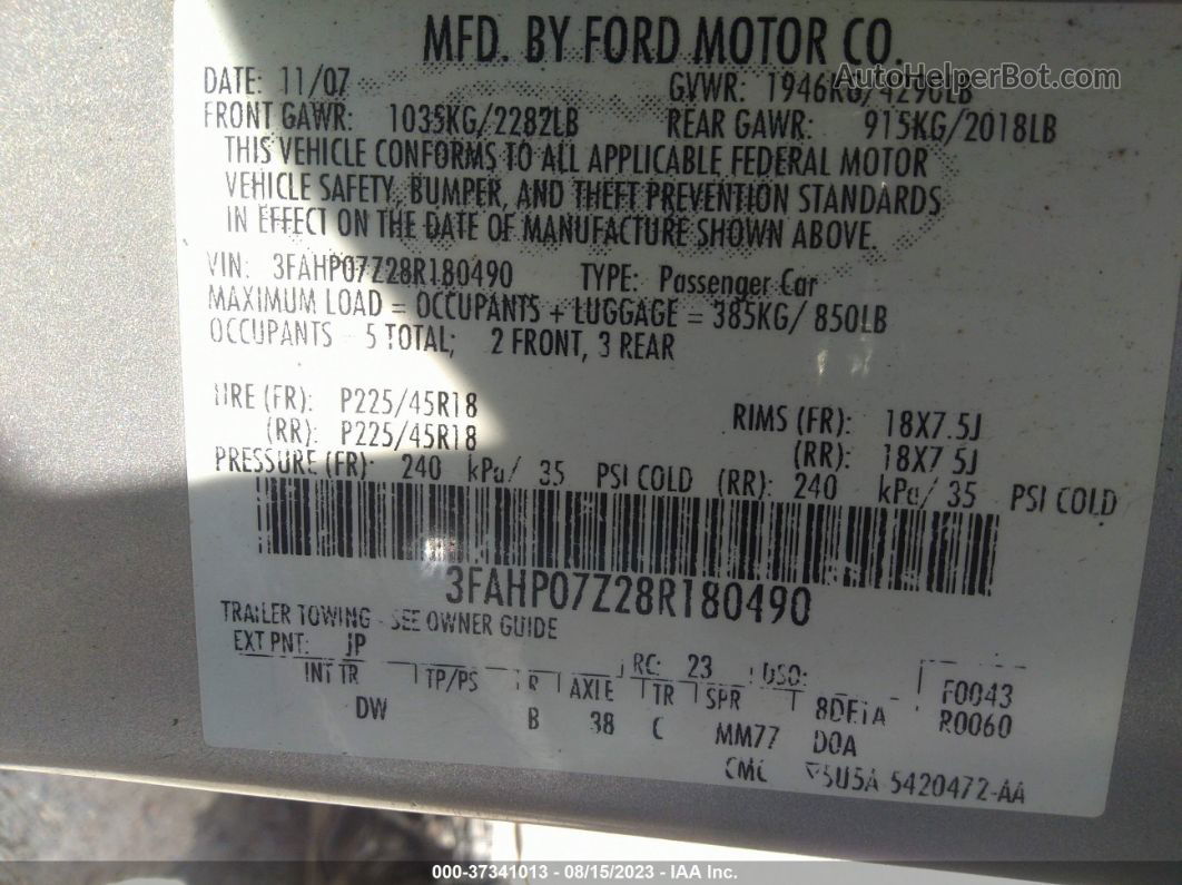 2008 Ford Fusion Se Silver vin: 3FAHP07Z28R180490