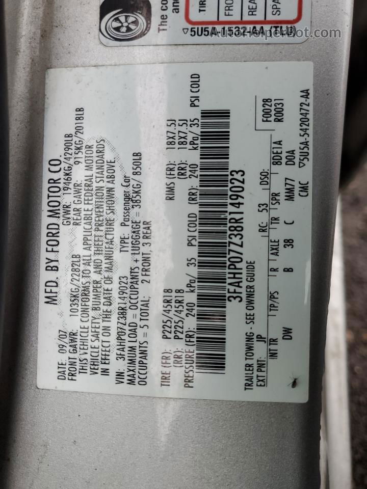 2008 Ford Fusion Se Silver vin: 3FAHP07Z38R149023