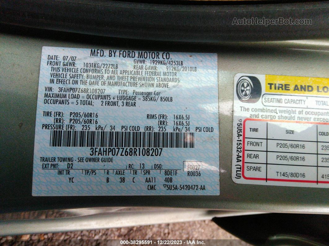 2008 Ford Fusion Se Gray vin: 3FAHP07Z68R108207