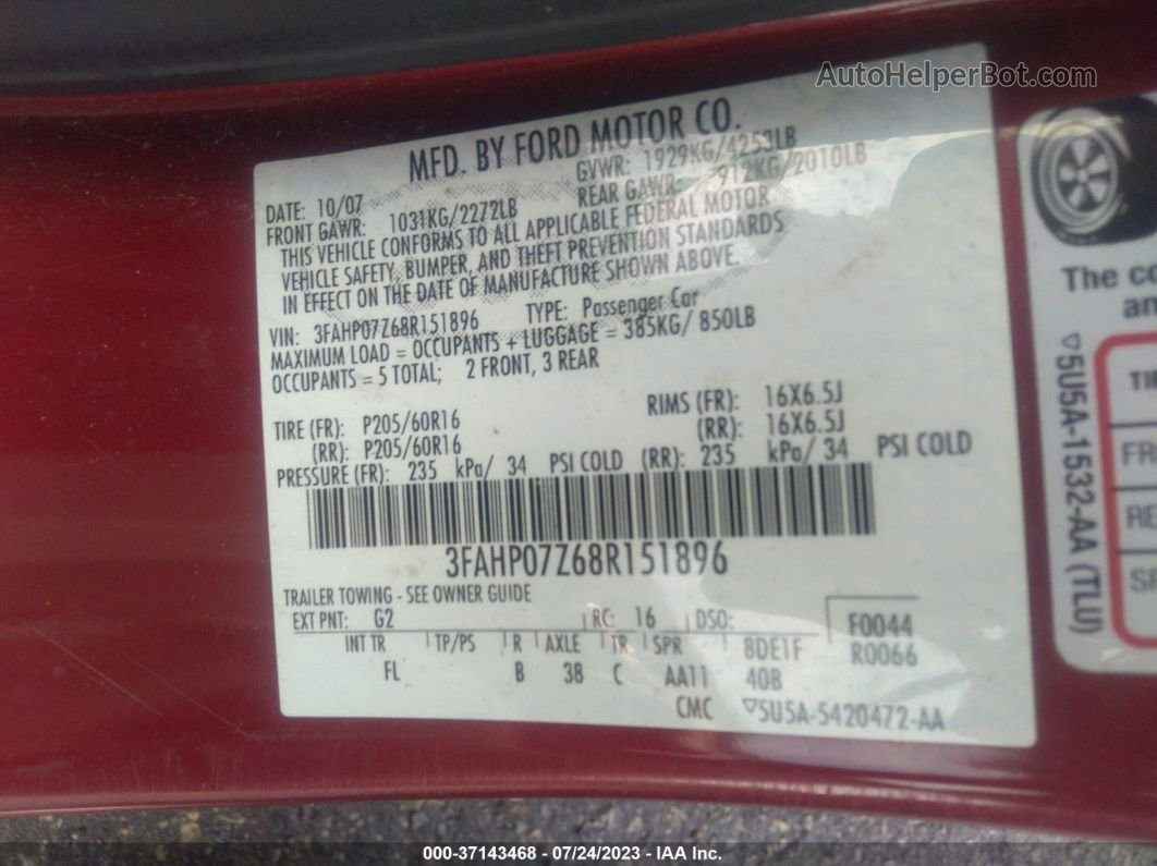 2008 Ford Fusion Se Red vin: 3FAHP07Z68R151896