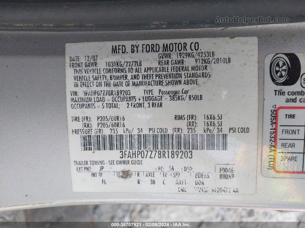 2008 Ford Fusion Se Silver vin: 3FAHP07Z78R189203