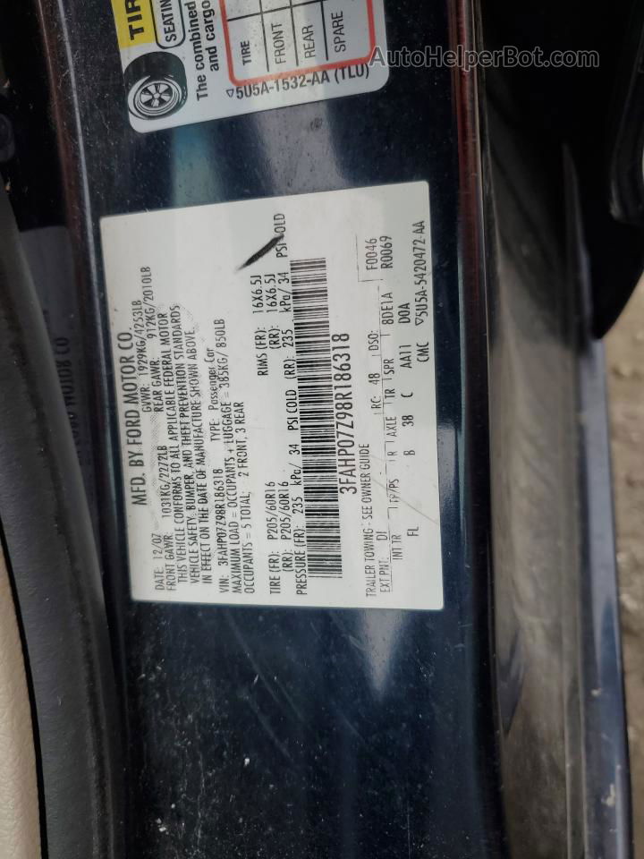 2008 Ford Fusion Se Черный vin: 3FAHP07Z98R186318