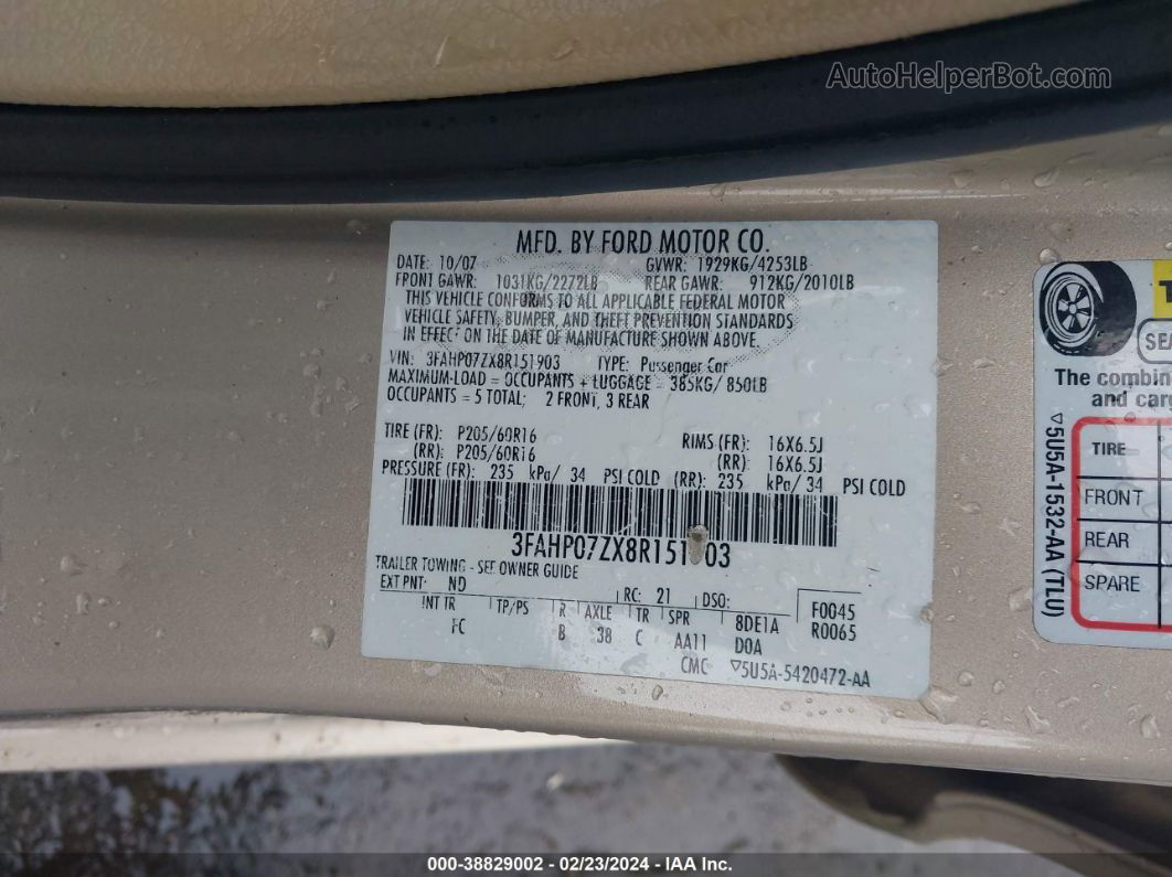 2008 Ford Fusion Se Tan vin: 3FAHP07ZX8R151903