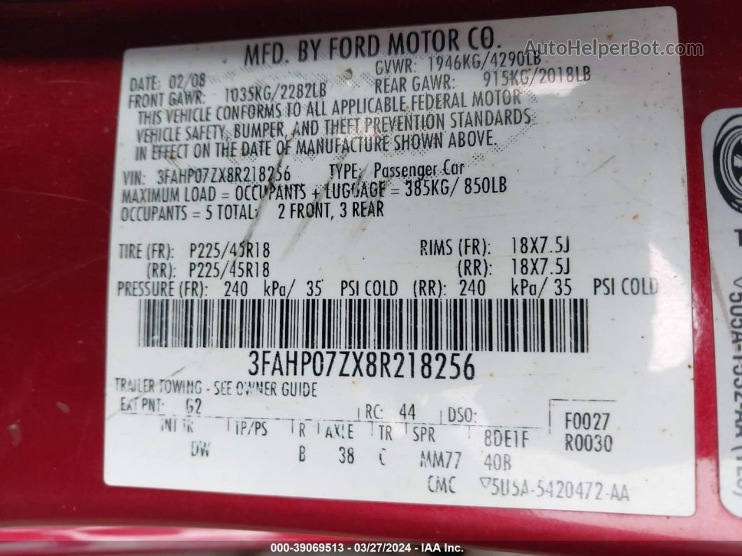 2008 Ford Fusion Se Red vin: 3FAHP07ZX8R218256
