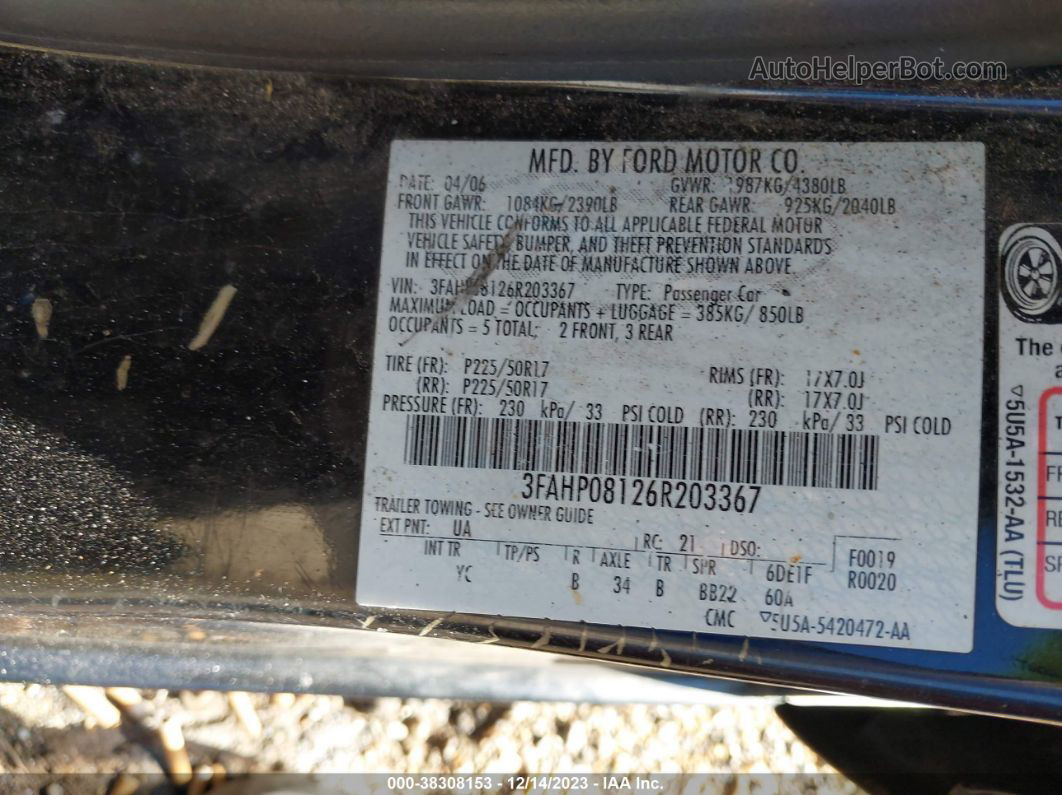 2006 Ford Fusion Sel Черный vin: 3FAHP08126R203367