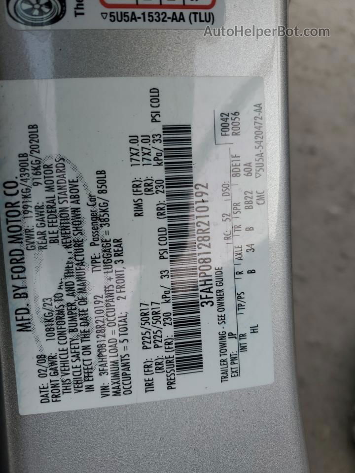 2008 Ford Fusion Sel Silver vin: 3FAHP08128R210192