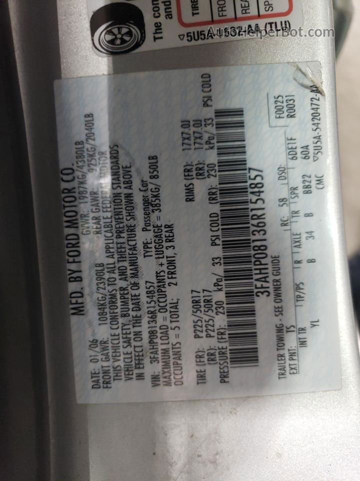 2006 Ford Fusion Sel Silver vin: 3FAHP08136R154857