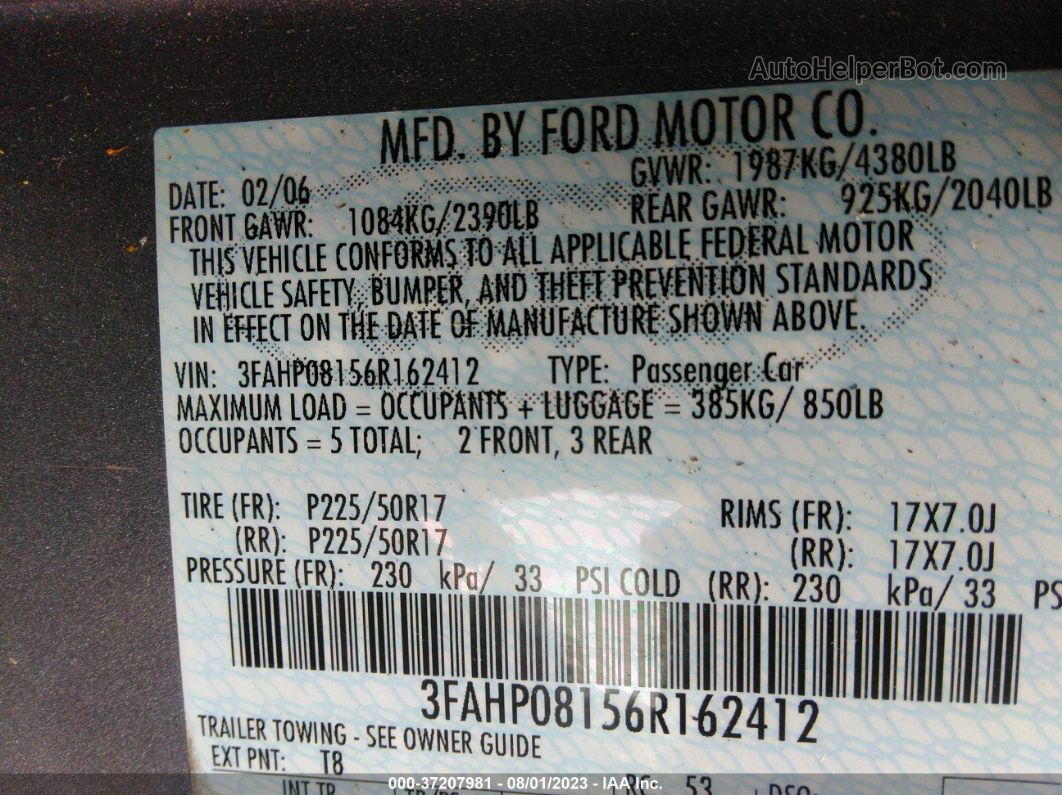 2006 Ford Fusion Sel Silver vin: 3FAHP08156R162412