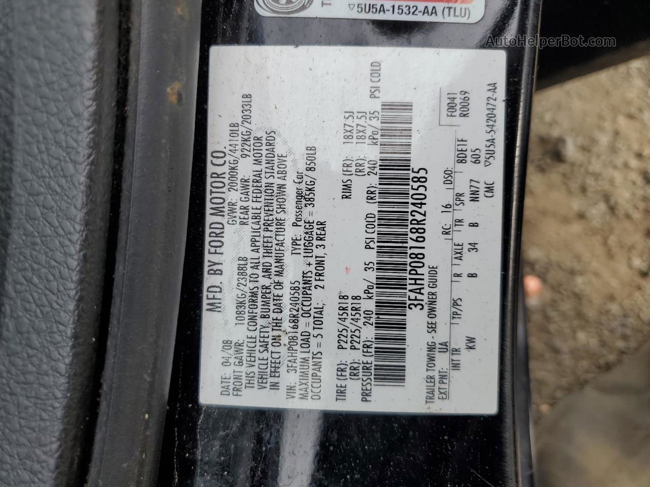 2008 Ford Fusion Sel Черный vin: 3FAHP08168R240585