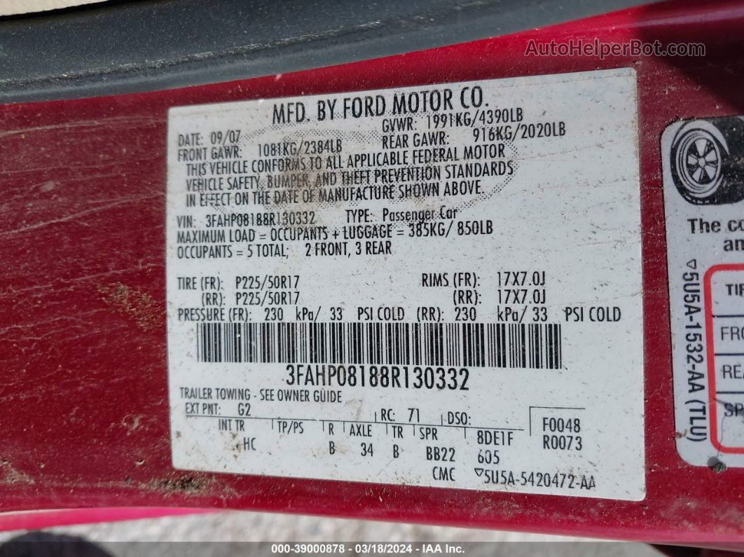 2008 Ford Fusion Sel Red vin: 3FAHP08188R130332