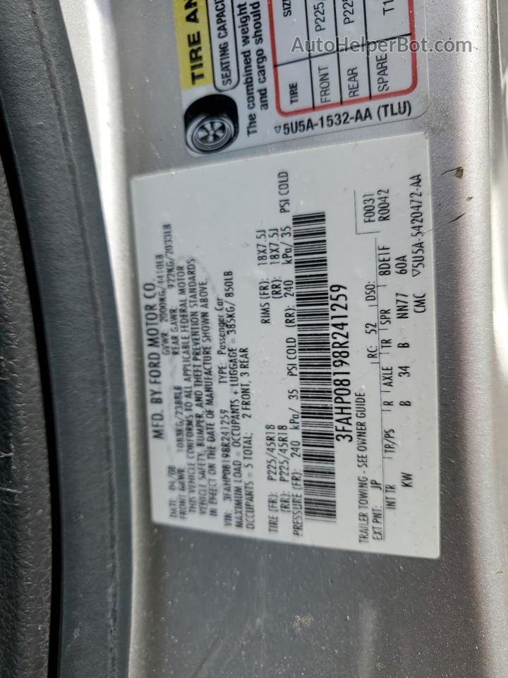 2008 Ford Fusion Sel Silver vin: 3FAHP08198R241259