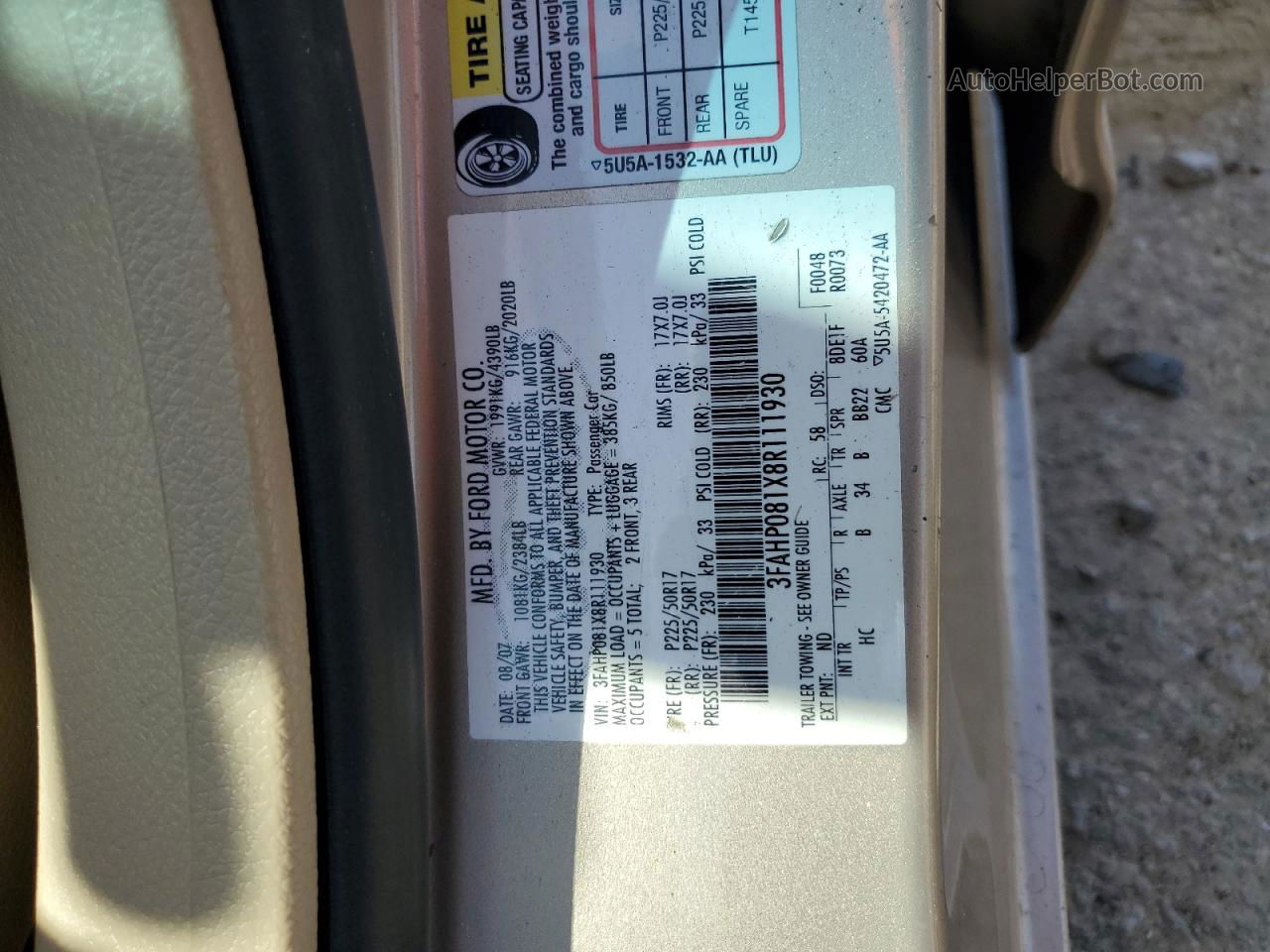 2008 Ford Fusion Sel Gold vin: 3FAHP081X8R111930