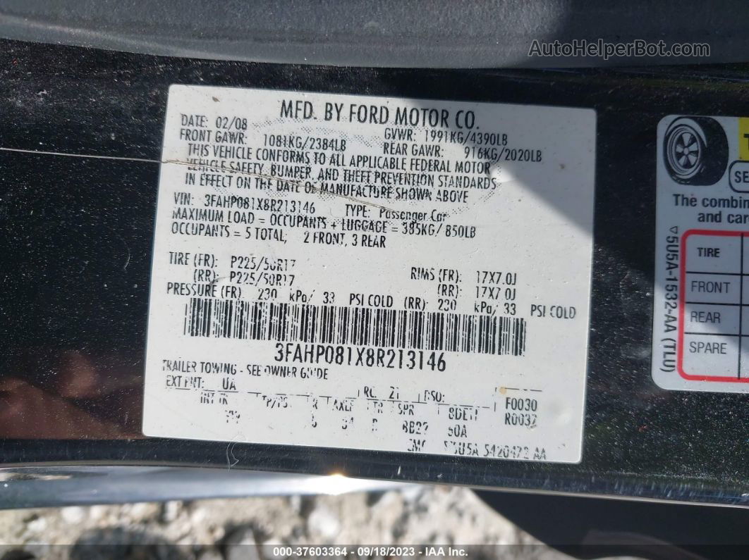 2008 Ford Fusion Sel Черный vin: 3FAHP081X8R213146