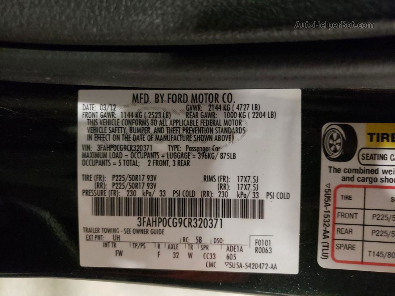 2012 Ford Fusion Sel Black vin: 3FAHP0CG9CR320371