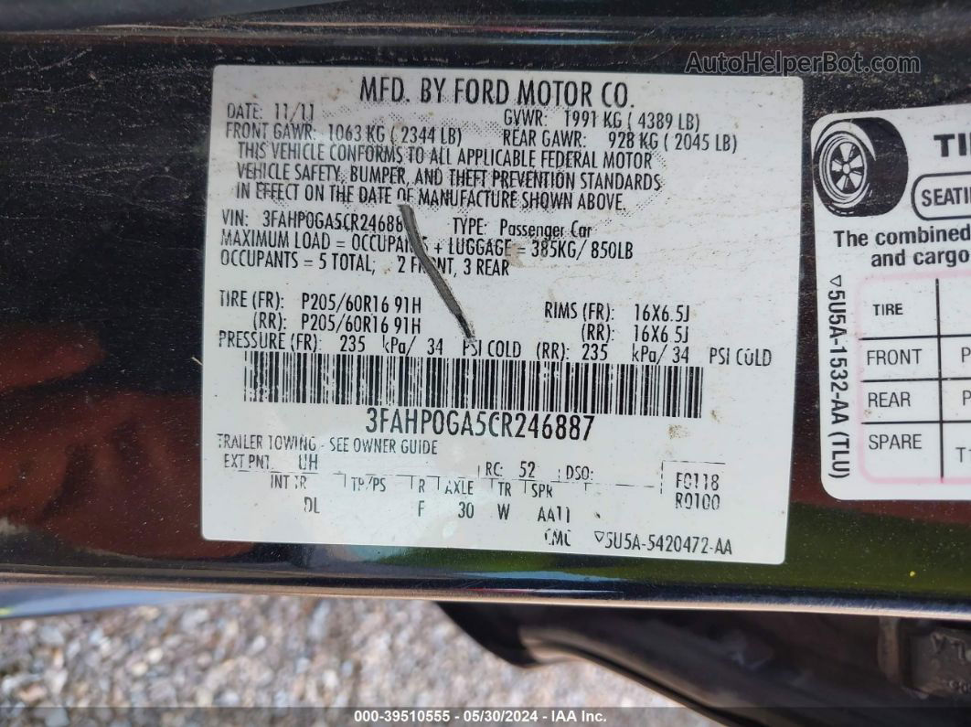 2012 Ford Fusion S Black vin: 3FAHP0GA5CR246887