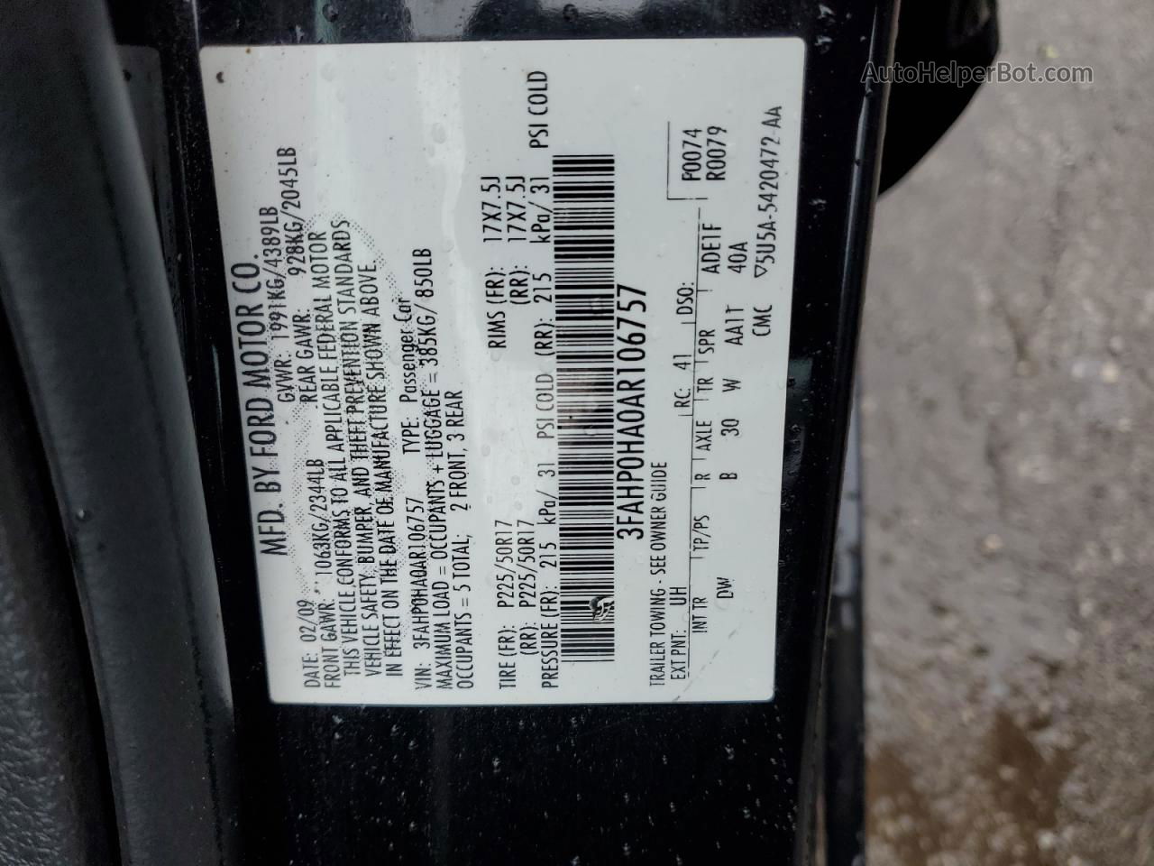 2010 Ford Fusion Se Black vin: 3FAHP0HA0AR106757