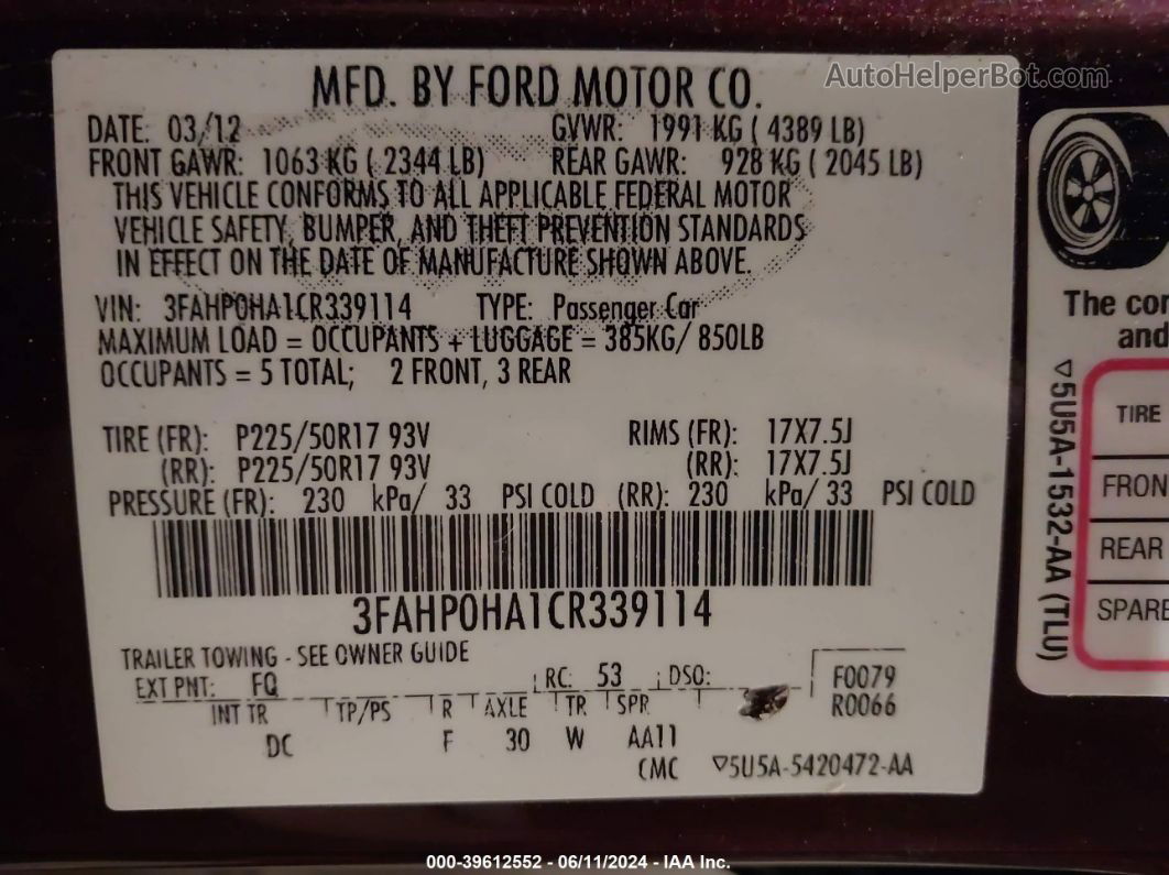 2012 Ford Fusion Se Maroon vin: 3FAHP0HA1CR339114