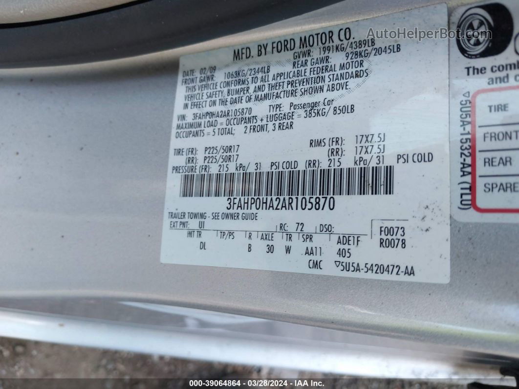 2010 Ford Fusion Se Silver vin: 3FAHP0HA2AR105870