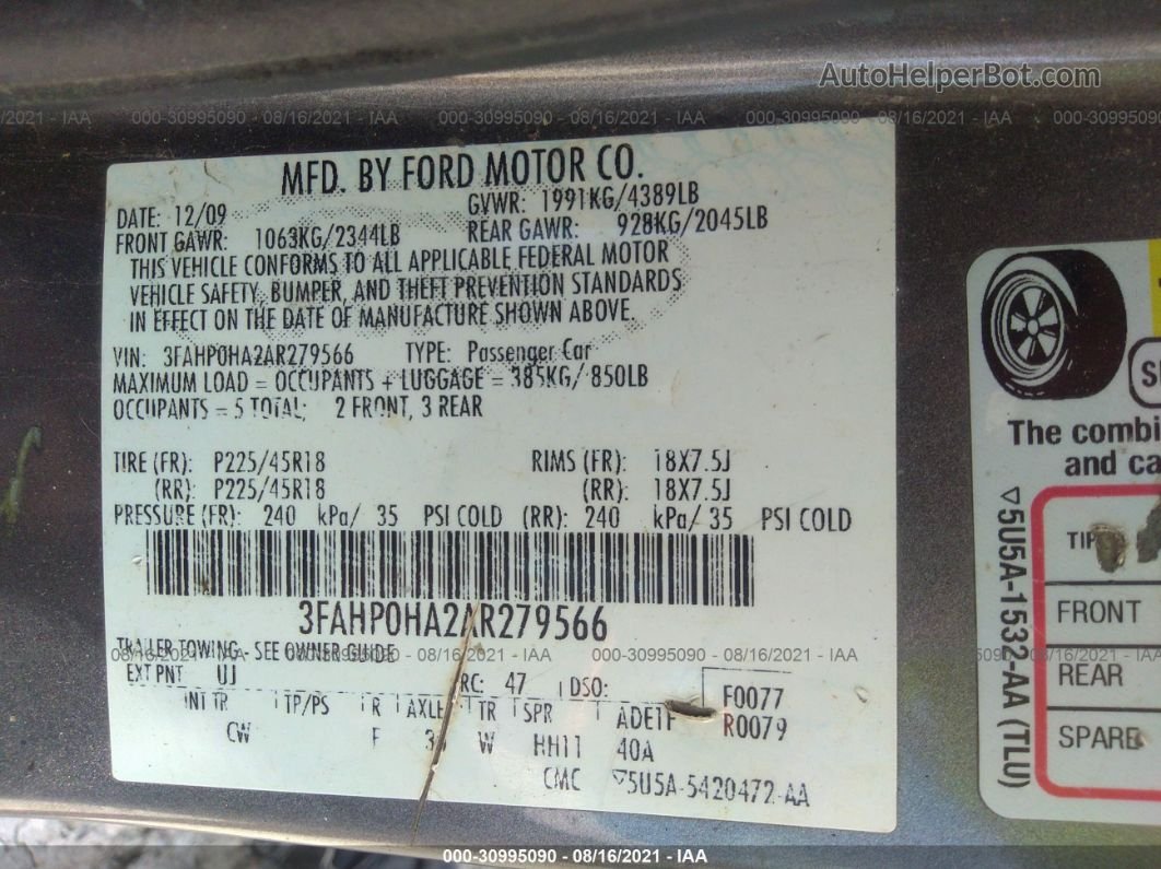 2010 Ford Fusion Se Gray vin: 3FAHP0HA2AR279566