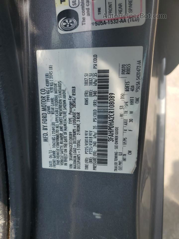 2012 Ford Fusion Se Gray vin: 3FAHP0HA2CR108089