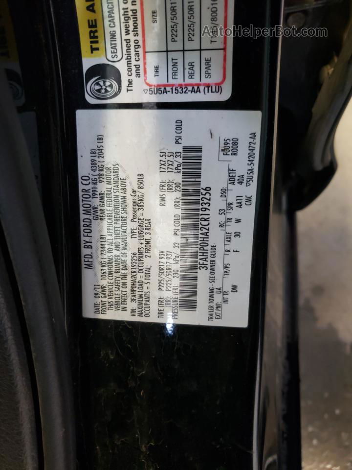 2012 Ford Fusion Se Black vin: 3FAHP0HA2CR193256