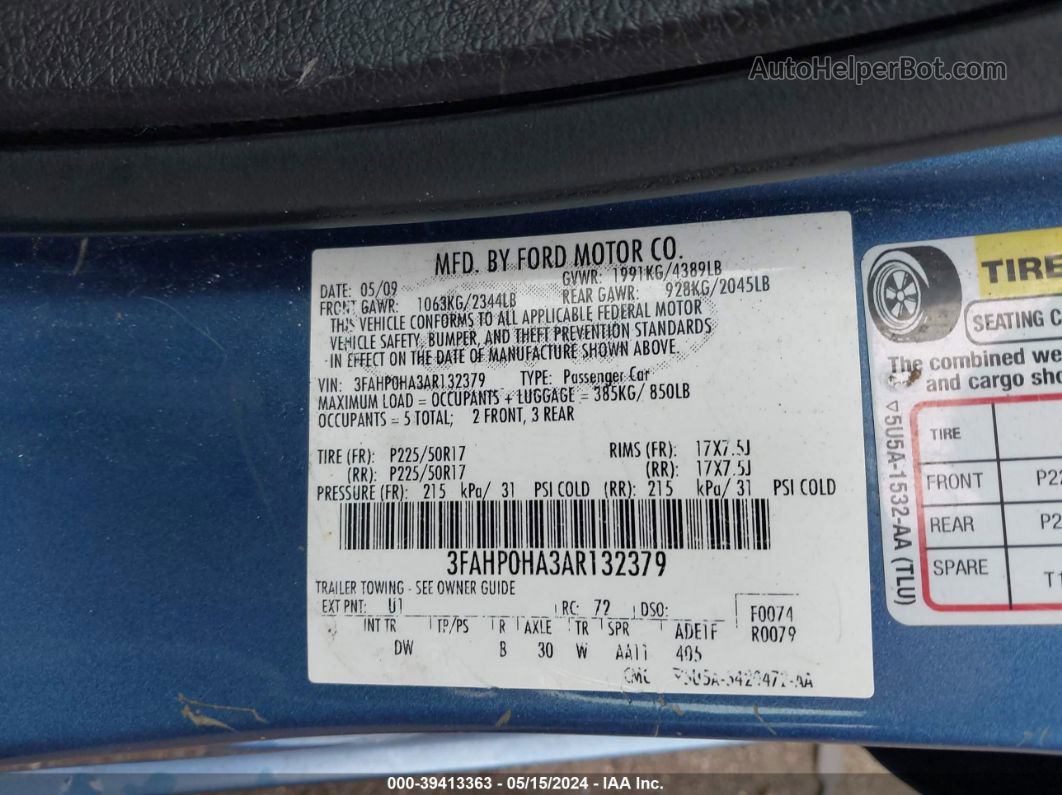 2010 Ford Fusion Se Blue vin: 3FAHP0HA3AR132379