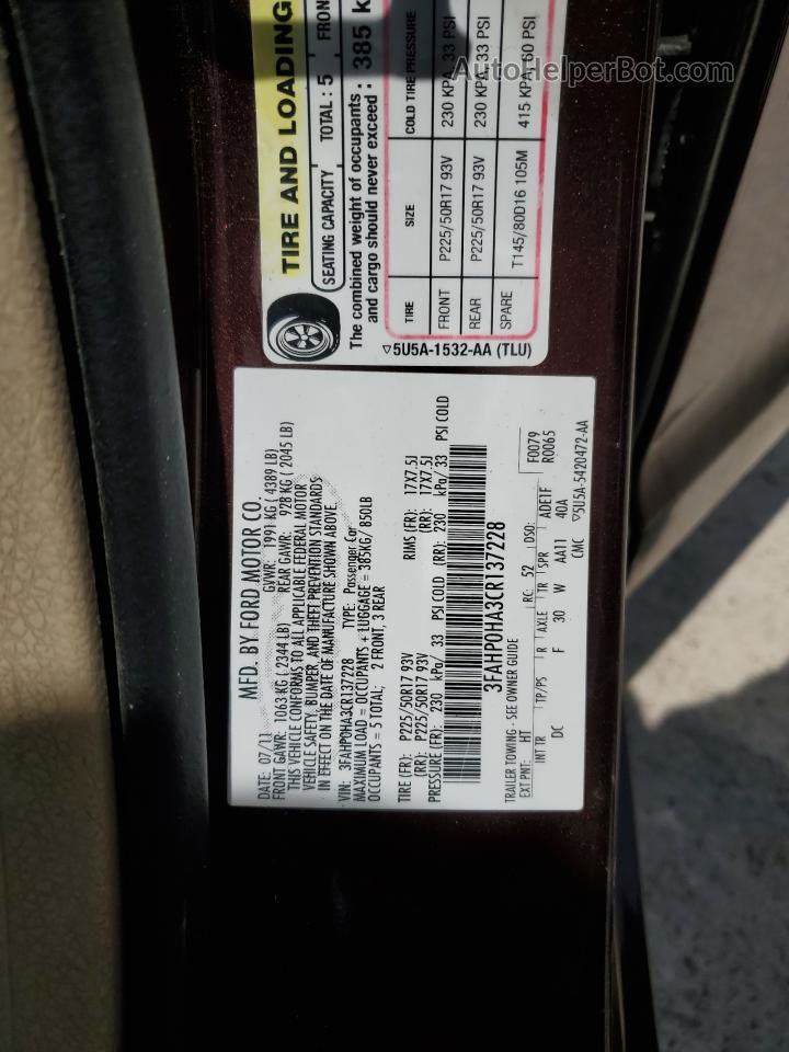 2012 Ford Fusion Se Burgundy vin: 3FAHP0HA3CR137228