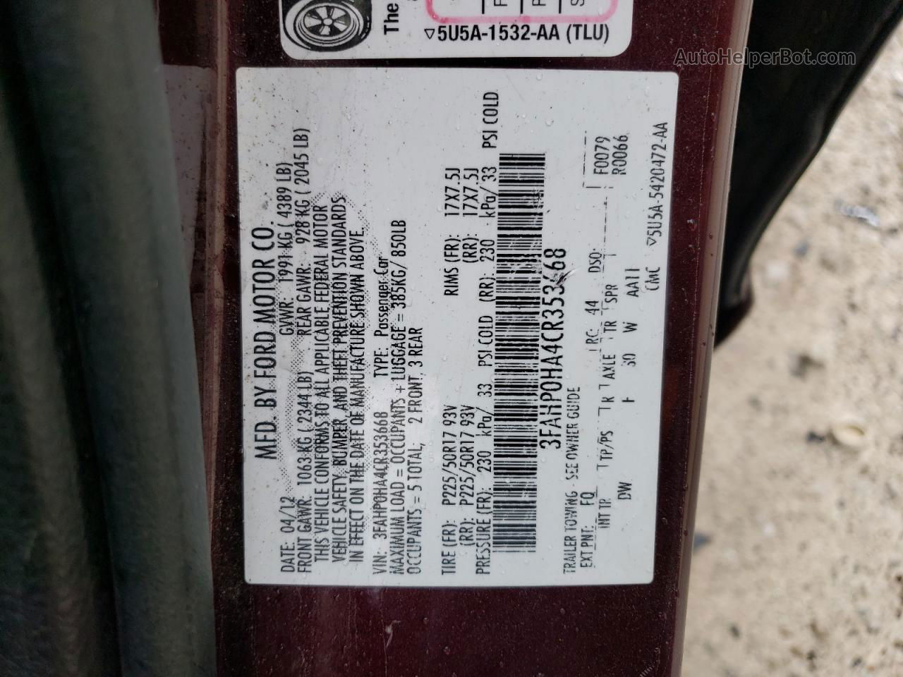 2012 Ford Fusion Se Burgundy vin: 3FAHP0HA4CR353668