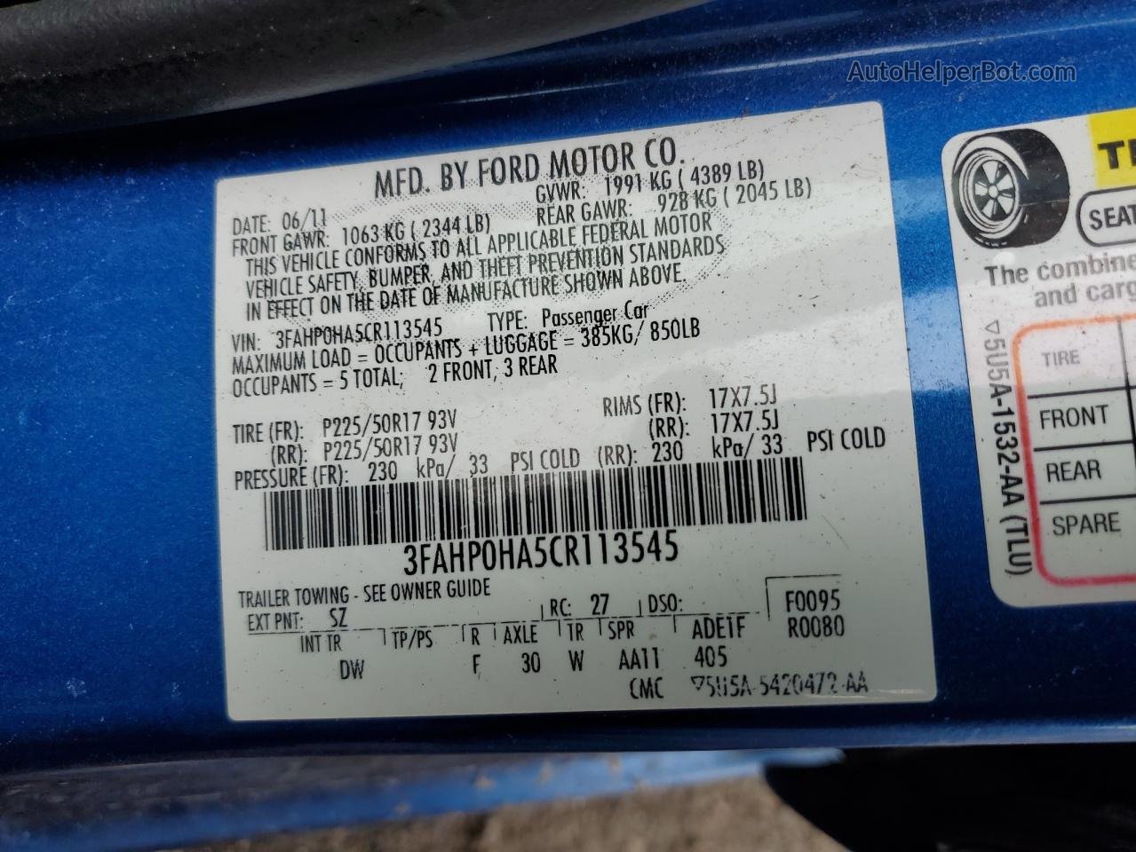 2012 Ford Fusion Se Blue vin: 3FAHP0HA5CR113545