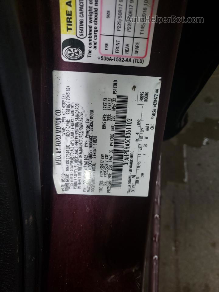 2012 Ford Fusion Se Burgundy vin: 3FAHP0HA5CR361102