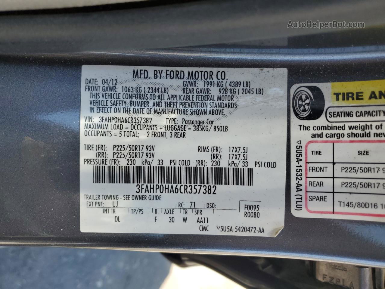 2012 Ford Fusion Se Gray vin: 3FAHP0HA6CR357382