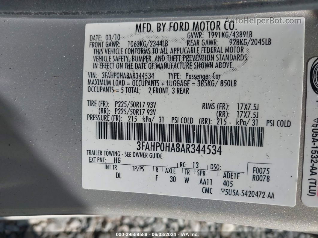 2010 Ford Fusion Se Silver vin: 3FAHP0HA8AR344534