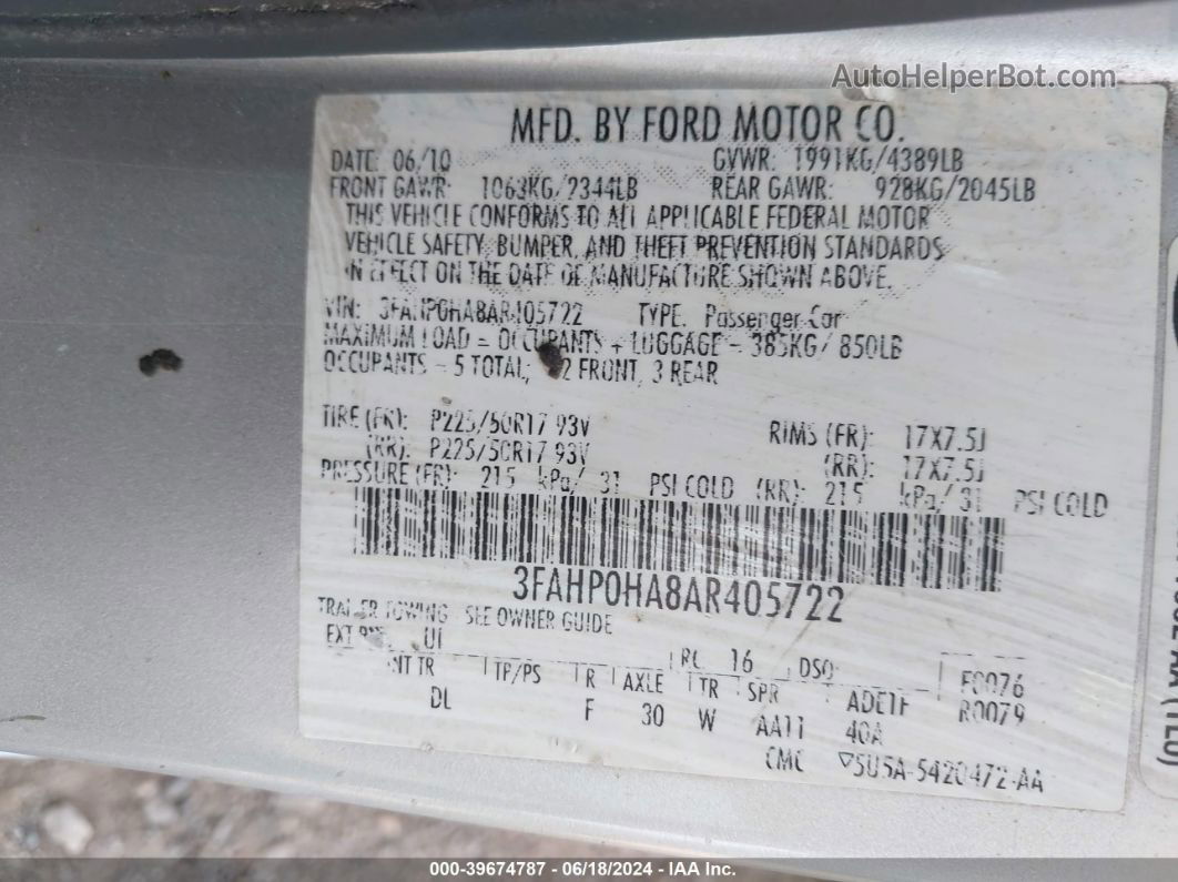 2010 Ford Fusion Se Silver vin: 3FAHP0HA8AR405722