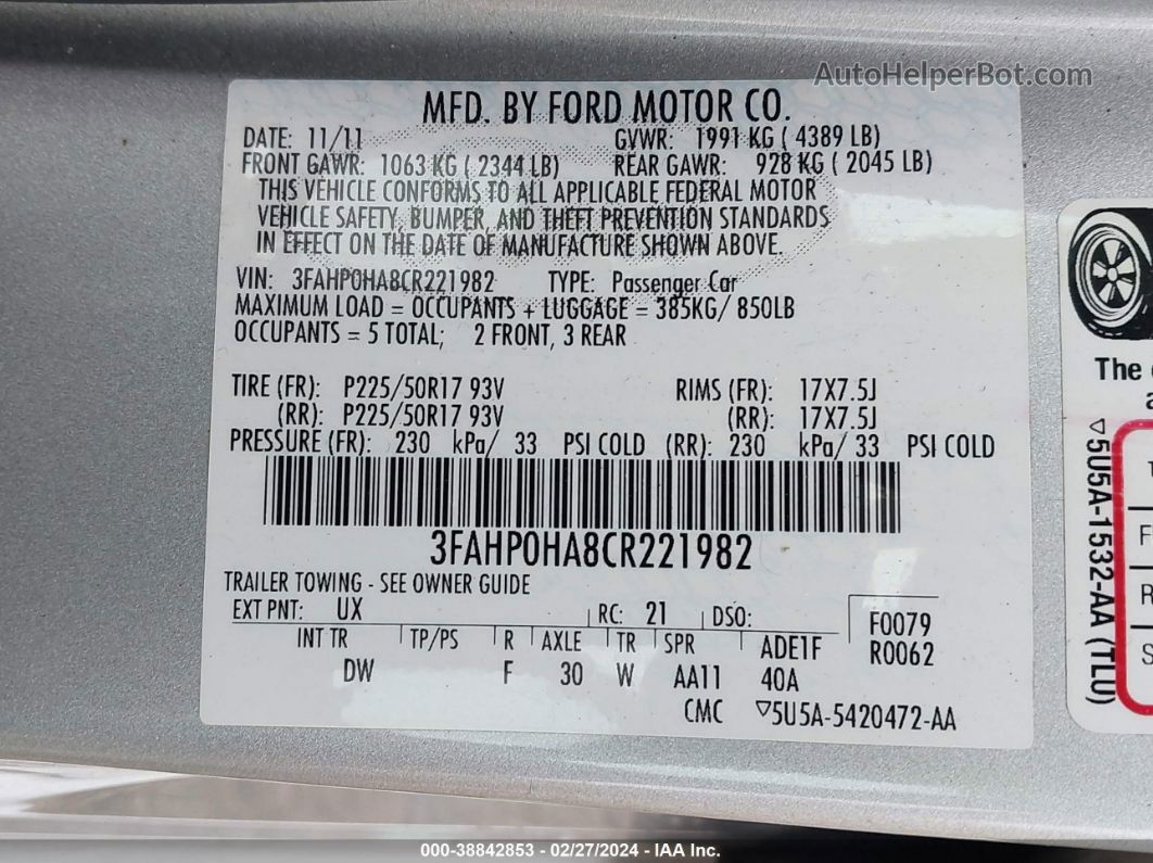 2012 Ford Fusion Se Silver vin: 3FAHP0HA8CR221982