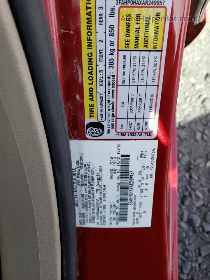 2010 Ford Fusion Se Red vin: 3FAHP0HAXAR249957