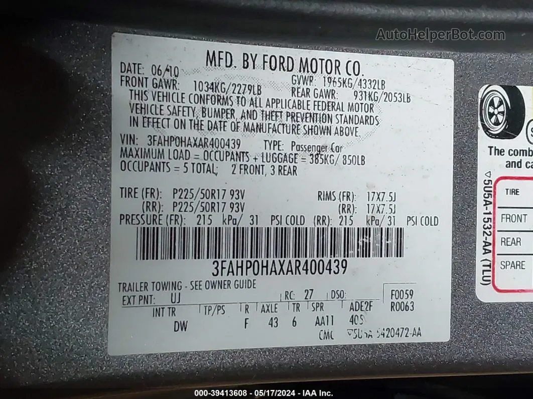 2010 Ford Fusion Se Gray vin: 3FAHP0HAXAR400439